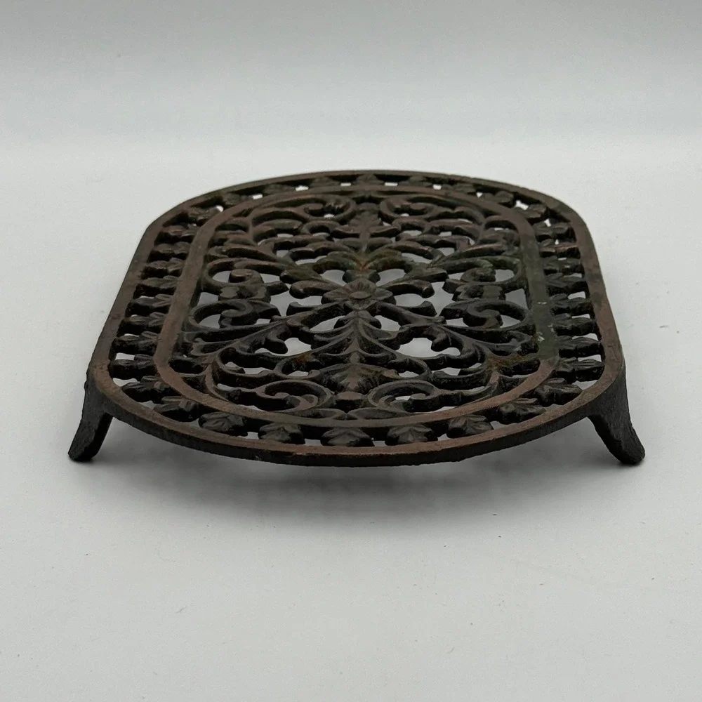 Vintage ODI Cast Iron Trivet Copper Plated Oval Ornate Filigree Scrollwork 9in